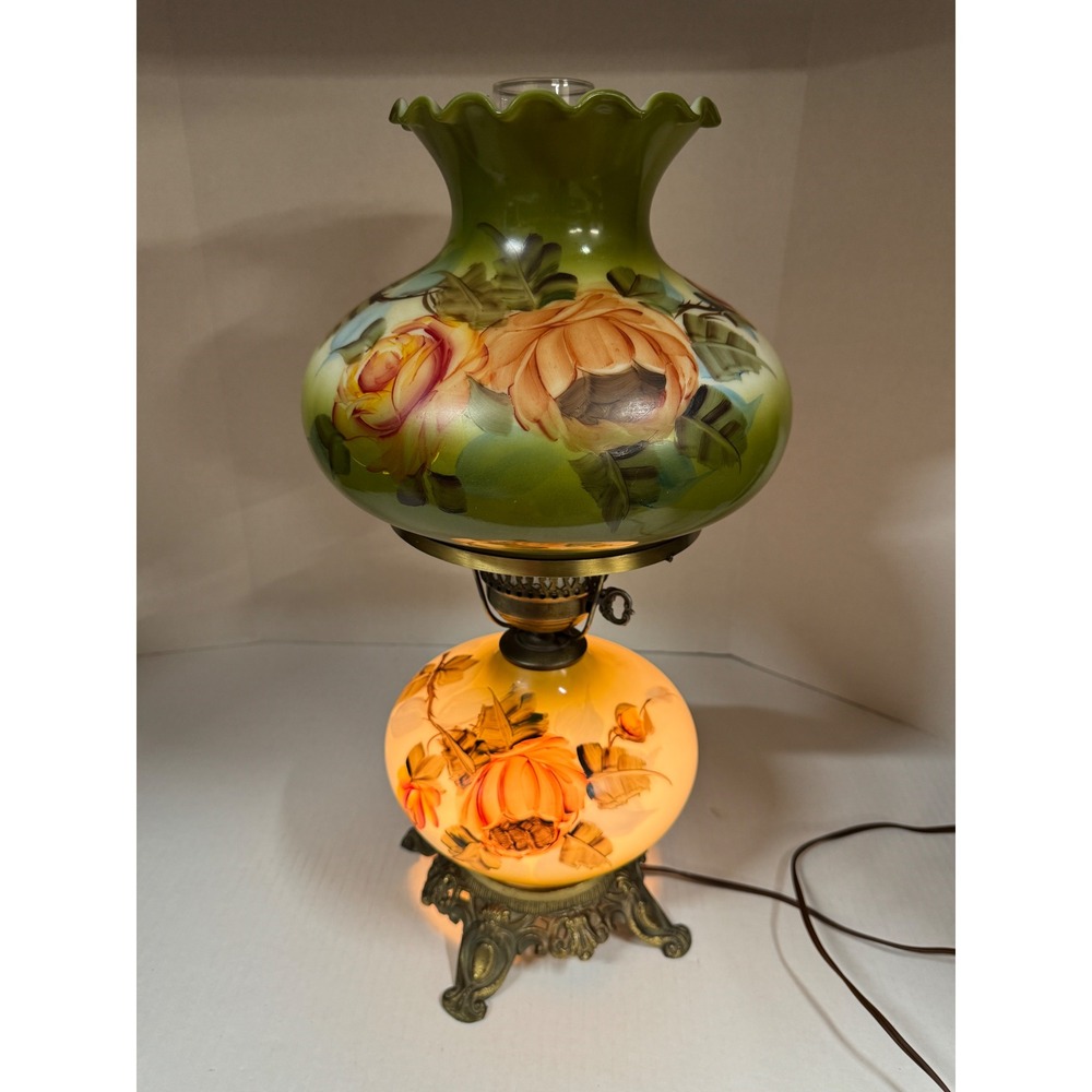 Vintage Gone with the Wind Hurricane Lamp Hand Painted Floral Green Orange Rose - Picture 6 of 8